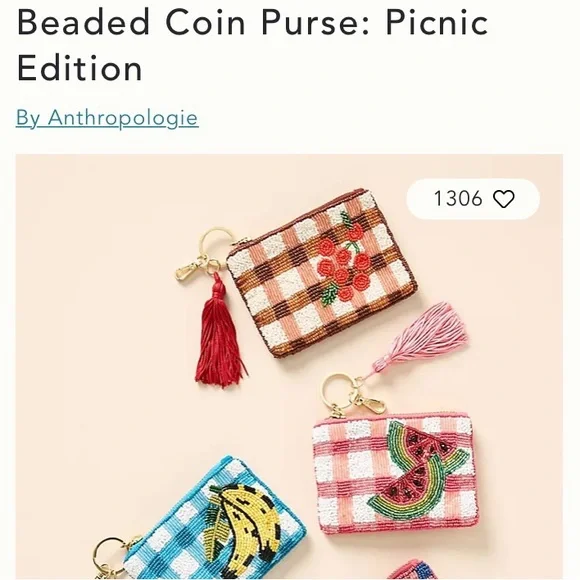 NWT Anthropologie beaded coin purse cherries on plaid. Sold out. - Picture 2 of 4